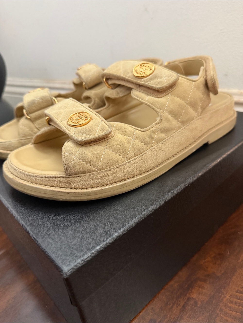 CHANEL Beige Suede Dad Sandals (Size 38) with Chanel Medallion 🏅